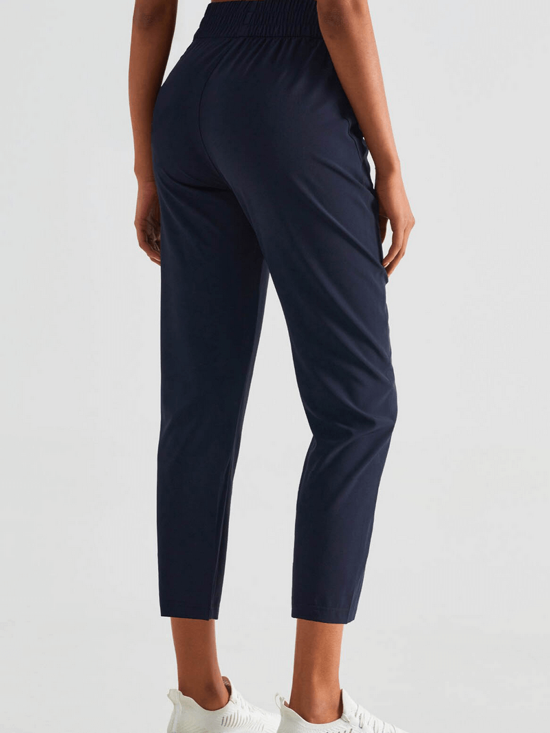 Back view of Lightweight High Waist Fitness Workout Sweatpants with Pockets in navy, perfect for yoga and fitness activities.